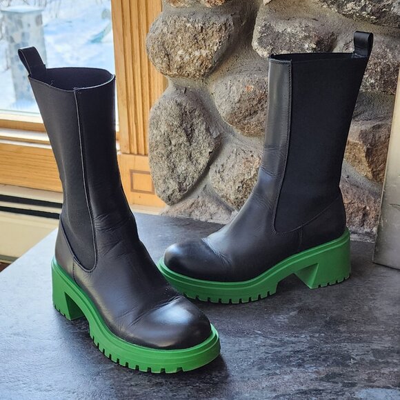 Steve Madden Chelsea Hesitant Black/Green Pull On Mid Calf Moto Boots Size 5.5 - Picture 1 of 14
